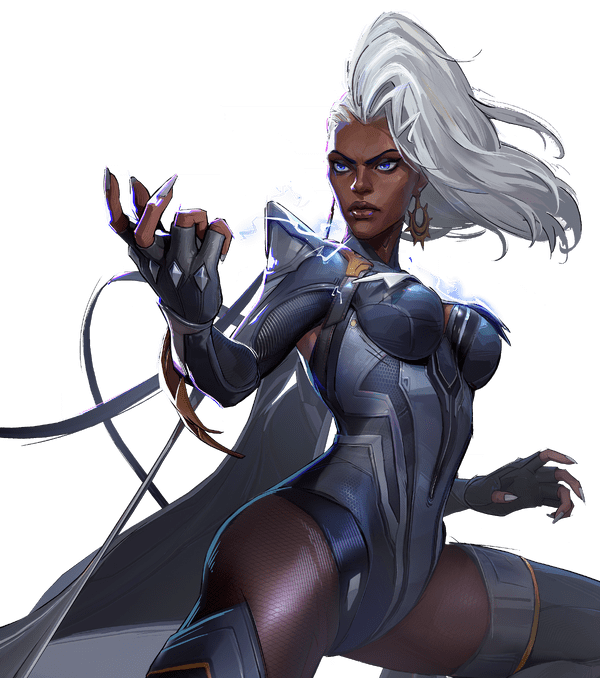 Close-up of Storm, body tilted to the left looking across her body